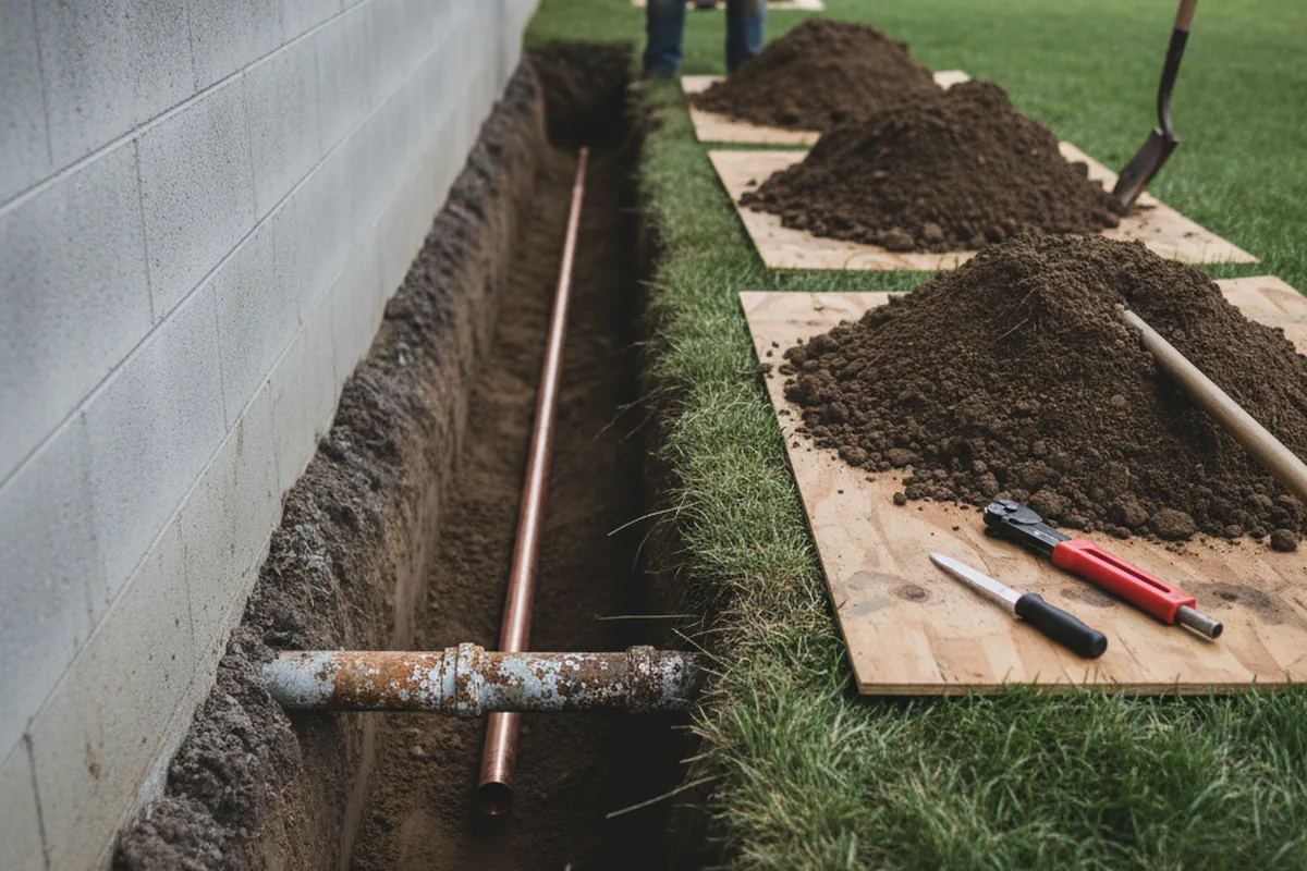 Excavated water line trench during Sewer Line Repair in Cochise